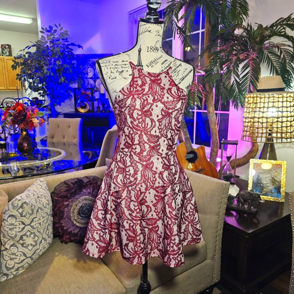 Burgundy Lace Halter Mini Dress with Low Back - Chic Elegance for Any Occasion